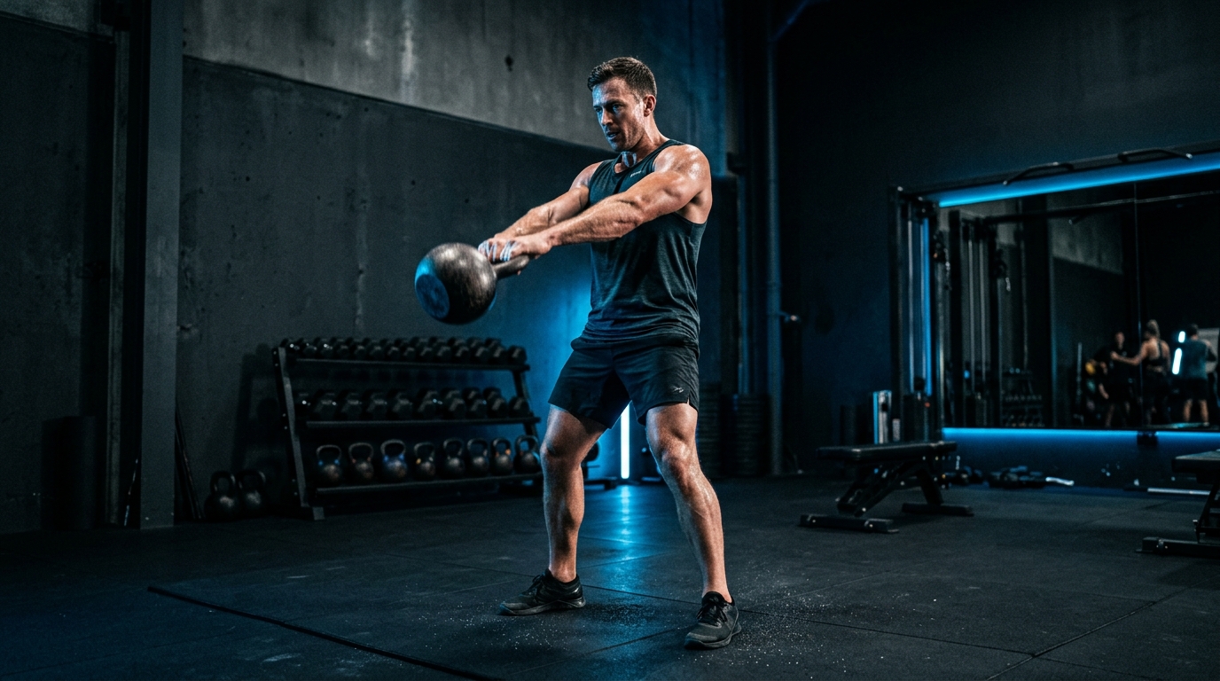 Athlete engaged in focused functional conditioning training in a modern gym